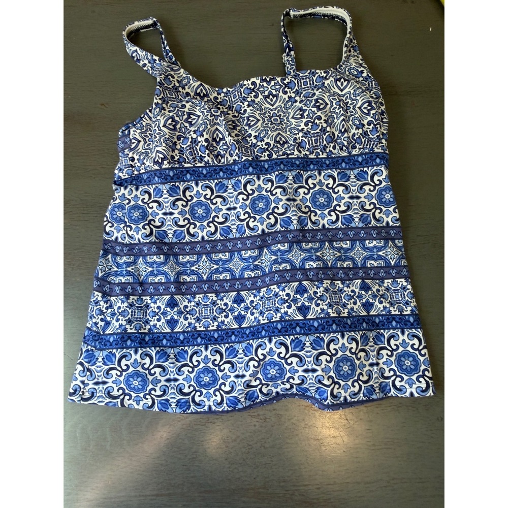 Lands End Blue White Tile Print Tankini Swim Top Size 8 Empire Waist Adjustable